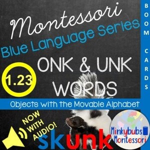 May include: A blue chalkboard with white text that reads "Montessori Blue Language Series" and "ONK & UNK WORDS". The text "Objects with the Movable Alphabet" is also on the chalkboard. A colorful circle with the numbers 1, 2, and 3 is in the top left corner. A black and white skunk is in the bottom right corner. The text "Skunk" is written in large letters below the skunk. A speaker icon with the text "NOW WITH AUDIO!" is in the bottom left corner. The text "BOOM CARDS" is written vertically on the right side of the chalkboard.