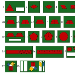 Pode incluir: Um fundo verde exibe várias formas geométricas vermelhas, incluindo triângulos, paralelogramos e pentágonos. Um círculo e um retângulo segmentado também estão presentes. As formas são numeradas de 1 a 20. O endereço do site está na parte inferior.