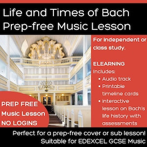 Op de afbeelding: Een muzieklesbron getiteld "Life and Times of Bach" met een kerkinterieur als achtergrond. De rode sectie bevat "ELEARNING" en bevat een audiotrack, afdrukbare tijdlijnkaarten en een interactieve les. De tekst zegt ook "Prep Free Music Lesson No Logins".