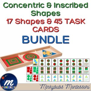 May include: Wooden Montessori learning set with concentric and inscribed shapes. Includes 17 shapes and 45 task cards. The set features a wooden tray with red, green, and blue shapes. The text on the image reads "Concentric & Inscribed Shapes, 17 Shapes & 45 TASK CARDS BUNDLE."
