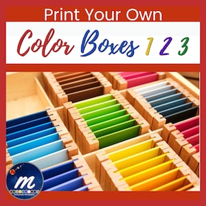 Puede incluir: Cajas de madera llenas de tarjetas rectangulares de colores. La imagen presenta una variedad de colores, incluyendo azul, verde, amarillo y rosa. El texto en la parte superior dice "Print Your Own Color Boxes 1 2 3". Un logotipo está en la esquina inferior izquierda.