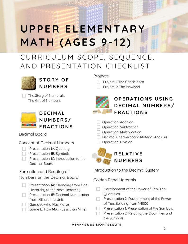 Montessori MATH CHECKLIST • Upper Elementary (ages 9-12) • Full 3-year ...