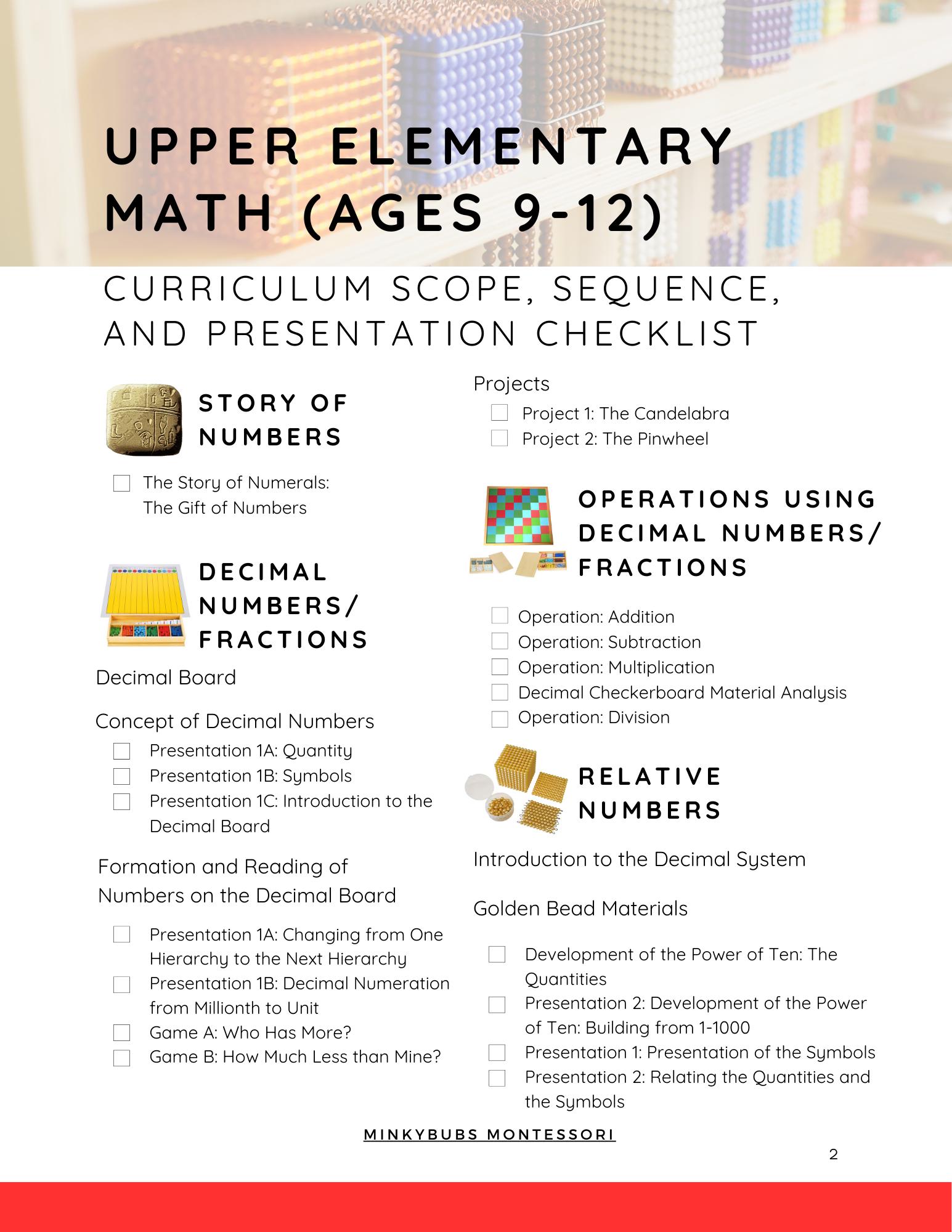 Montessori MATH CHECKLIST • Upper Elementary (ages 9-12) • Full 3-year ...