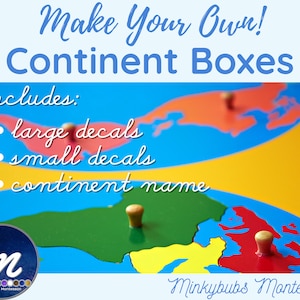 Continent Boxes Große Aufkleber 14,5 cm, Mini Aufkleber 4,5 cm und Namen der Kontinente Montessori Farben 7 Kontinente der Welt