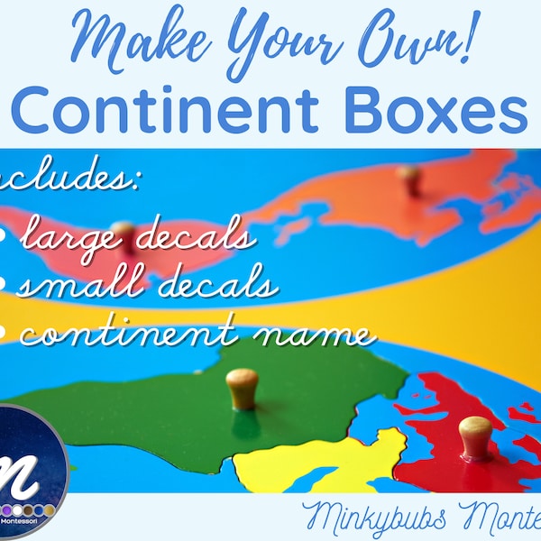 Continent Boxes Large Decals, Mini Decals, and Names of Continents FREE SHIPPING Montessori Colors 7 Continents of the World - most popular