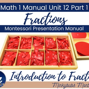 May include: A wooden tray with red fraction pieces and circles. The tray is labeled "Math 1 Manual Unit 12 Part 1 Fractions Montessori Presentation Manual". The text "Introduction to Fractions" is written below the tray. The text "Minkybubs Montessori" is written below the text "Introduction to Fractions".