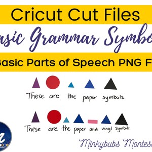 May include: A set of 9 printable PNG files for Cricut cut files. The files are for basic grammar symbols, including a purple triangle, red circle, blue triangle, and black triangle. The text "These are the paper symbols." and "These are the paper and vinyl symbols." is included in the image.