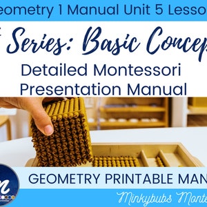 May include: A close-up of a wooden tray with a gold-colored cube made of small beads. The cube is being held by a hand. The text "Geometry Printable Manual" and "Minkybubs Montessori" is visible on the tray.
