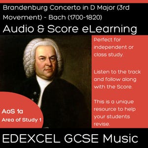 May include: A music education graphic featuring a portrait of Johann Sebastian Bach. Text includes details about the Brandenburg Concerto in D Major, "Audio & Score eLearning", and "EDEXCEL GCSE Music". Ideal for music students.