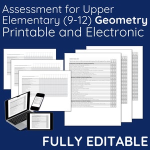May include: Editable printable and digital assessment for upper elementary (9-12) geometry. The image shows a laptop, tablet, and phone displaying the assessment.