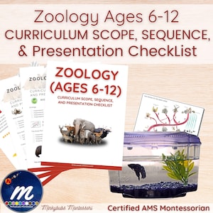 May include: A curriculum set for zoology for ages 6-12, featuring a checklist and presentation materials. The image includes a book with animal illustrations, a fish tank with a betta fish, and other educational resources.