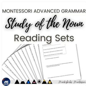 Op de afbeelding: Een set witte werkbladen getiteld Montessori Advanced Grammar Study of the Noun Reading Sets. De pagina's bevatten zwarte tekst met oefeningen over plantenwortels, inclusief instructies voor het identificeren van zelfstandige naamwoorden.