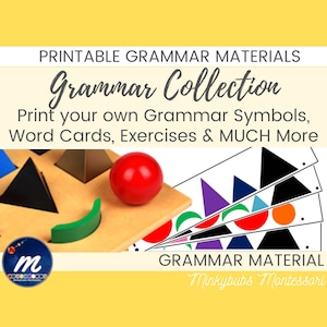 Set di simboli, grafici e carte della grammatica Montessori, inclusa l'analisi dei materiali