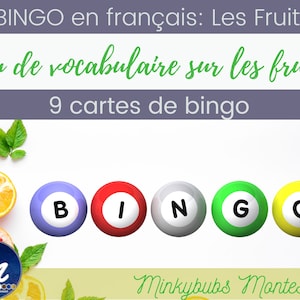 French Bingo Fruit Vocabulary en français: Les Fruits 9 cartes Fun Games