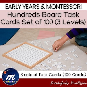 May include: A wooden Montessori Hundreds Board with a grid, numbers, and small white number tiles. The image includes the text "EARLY YEARS & MONTESSORI Hundreds Board Task Cards Set of 100 (3 Levels)" and "3 sets of Task Cards (100 Cards)."