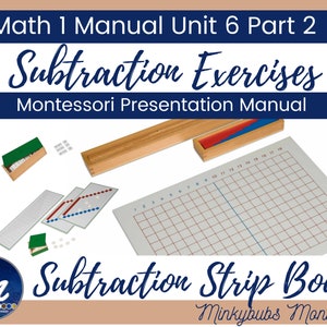 Peut inclure: Un tableau de bande de soustraction Montessori avec un cadre en bois, des perles rouges et bleues et un papier quadrillé. Le titre "Subtraction Strip Board" est écrit en cursive bleue. Le texte "Math 1 Manual Unit 6 Part 2 Subtraction Exercises Montessori Presentation Manual" est écrit en bleu et blanc.