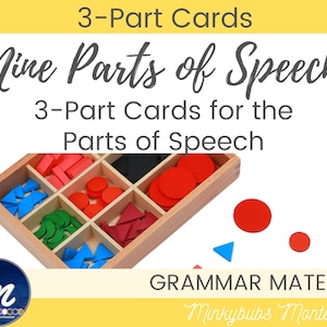Nomenclatura Montessori, carte in 3 parti e libro di controllo, set di 9 parti del discorso