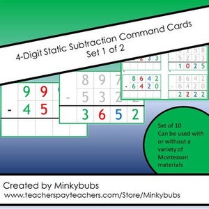 May include: Set of 10 printable command cards for 4-digit static subtraction. The cards feature a green, white and red colour scheme. The cards are labelled "Set 1 of 2".