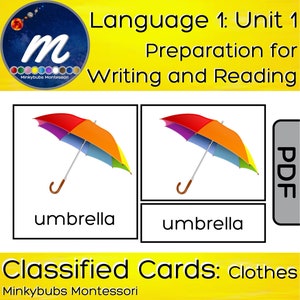May include: Two printable cards featuring a colourful umbrella illustration with the word "umbrella" written beneath. These cards are part of a set of classified cards designed to teach children about clothes.