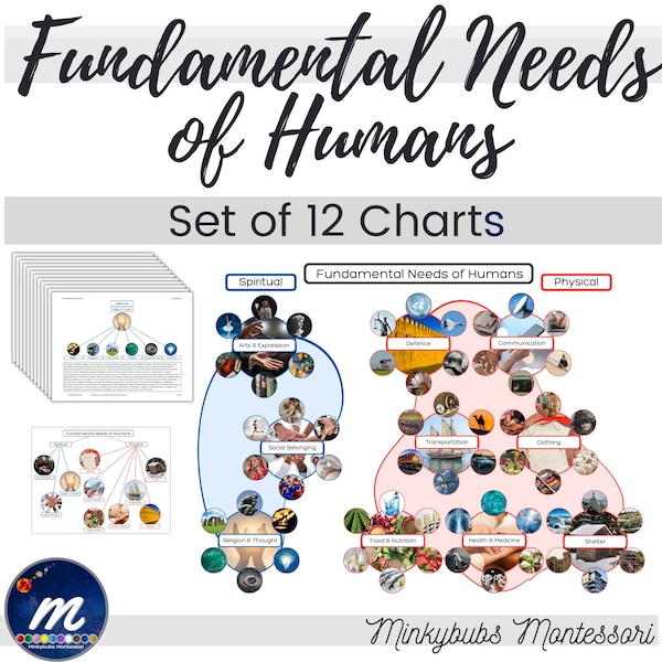 Fundamental Needs of Humans Charts Montessori 12 Posters Vertical Presentation