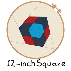 Puede incluir: Un aro de bordado cuadrado de 30,5 cm con un diseño geométrico colorido. El diseño presenta un cubo con cuadrados rojos, azules y negros.