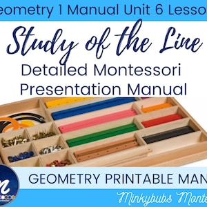 Può includere: Una scatola di legno con scomparti che contengono bacchette di legno colorate, elementi di fissaggio in metallo e forme circolari. La scatola è etichettata "Geometry 1 Manual Unit 6 Lessons Study of the Line Detailed Montessori Presentation Manual".