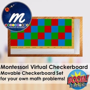 Puede incluir: Un tablero de ajedrez virtual Montessori con casillas rojas, azules y verdes. El tablero de ajedrez es móvil y se puede utilizar para problemas de matemáticas. El texto "BOOM! LEARNING" está en la esquina inferior derecha.