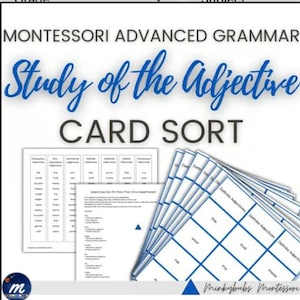 Könnte beinhalten: Montessori Advanced Grammar Study of the Adjective Card Sort Lehrmaterial bestehend aus weißen Papierbögen mit schwarzem Text und blauen Gitterlinien. Das Set enthält Klassifizierungstabellen und einzelne Karten zum Sortieren von Adjektiven.