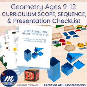 Peut inclure: Matériel pédagogique de géométrie pour les 9-12 ans. L'image présente une liste de contrôle du programme, des formes géométriques et des plateaux en bois. Le texte indique "Geometry Ages 9-12 Curriculum Scope, Sequence, & Presentation Checklist."
