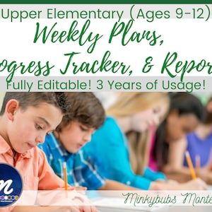 Planes de trabajo Montessori Aula superior El Informes EDITABLES Planes semanales Boletas de calificaciones de progreso mensuales Alcance 2 Planificador digital