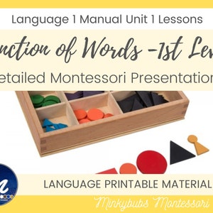 Puede incluir: Una caja de madera con compartimentos que contienen formas geométricas coloridas, incluyendo círculos, triángulos y una forma de llave. El texto "Function of Words - 1st Level" y "Detailed Montessori Presentations" se muestra encima de la caja. La parte inferior de la imagen dice "LANGUAGE PRINTABLE MATERIAL".