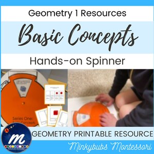 Könnte beinhalten: Ein praktischer Spinner zum Unterrichten grundlegender geometrischer Konzepte. Der Spinner ist orange und weiß mit einer blauen und weißen geometrischen Form in der Mitte. Der Spinner wird von einem Satz Karten mit verschiedenen geometrischen Formen begleitet. Der Text auf dem Spinner lautet "Serie Eins: Grundkonzepte".