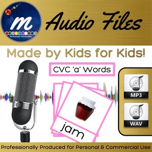 May include: A digital download of audio files for kids featuring CVC 'a' words. The image shows a microphone, a stack of flashcards with the word "jam" and a jar of jam, and a gold button with the text "MP3".