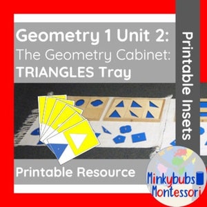 May include: Printable Montessori geometry tray with a wooden frame and blue and yellow triangle puzzle pieces. The tray is labeled "Triangles Tray" and is part of a larger set called "The Geometry Cabinet".