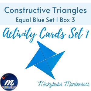 Op de afbeelding: Blauwe activiteitenkaarten voor kinderen met een blauwe driehoeksvorm. De kaarten zijn gelabeld met "Constructive Triangles Equal Blue Set I Box 3 Activity Cards Set 1" en "Minkybubs Montessori".