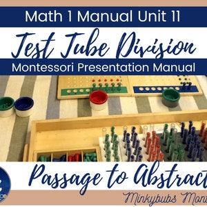 Könnte beinhalten: Eine Montessori-Mathematikunterrichtsstunde mit Reagenzgläsern, Perlen und einem Holzbrett mit Stiften. Die Lektion trägt den Titel "Test Tube Division: Montessori Presentation Manual" und "Passage to Abstraction".