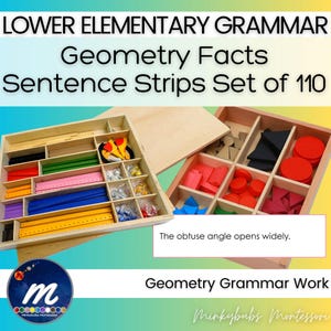 May include: Wooden Montessori geometry learning set with various colored shapes and sentence strips. The set includes a variety of geometric shapes, including triangles, circles, and rectangles, and the text "Geometry Facts Sentence Strips Set of 110".