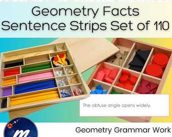 May include: Wooden Montessori geometry learning set with various colored shapes and sentence strips. The set includes a variety of geometric shapes, including triangles, circles, and rectangles, and the text "Geometry Facts Sentence Strips Set of 110".