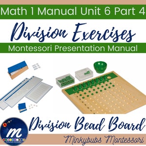 May include: A wooden division bead board with green beads and a green bowl. The board has a grid of 100 squares with numbers 1-10 along the sides. The board is labeled "Division Bead Board" and "Minkybubs Montessori".