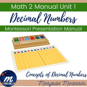 Può includere: Un manuale di presentazione Montessori per l'insegnamento dei numeri decimali. Il manuale include una scatola di legno con bacchette colorate e una tabella con file di quadrati gialli e punti colorati.
