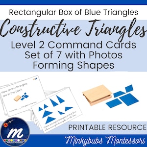 Cartes de commande de triangles constructifs formant des formes pour l'ensemble 1B, niveau 2, boîte rectangulaire de triangles bleus