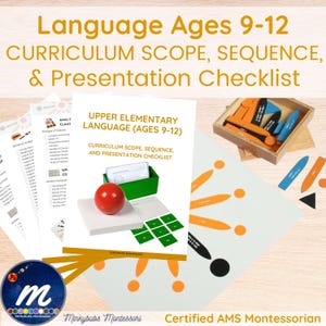 May include: A collection of Montessori educational materials for language arts. The image features a curriculum checklist, a red sphere, wooden blocks, and a green box. The text reads "Language Ages 9-12" and "Upper Elementary Language".