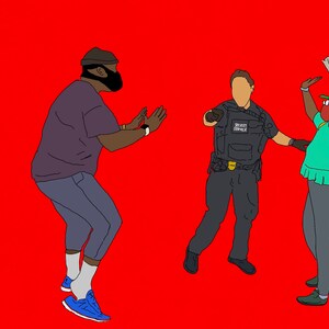 May include: A man wearing a black hat and face mask stands with his hands raised in front of a police officer wearing a black uniform and a face mask. The officer is holding a gun. A woman wearing a green shirt and a face mask is standing to the right of the officer with her hands raised.