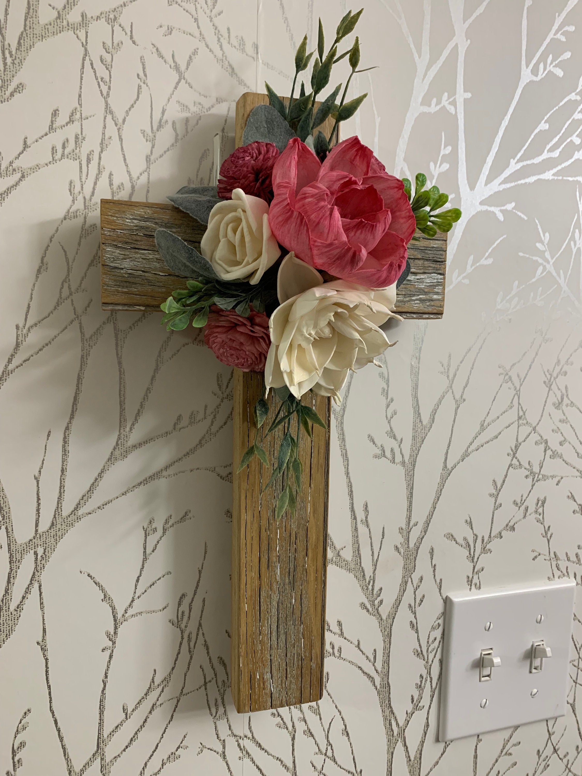 Reclaimed Barn Wood Cross With Wooden Flowers Rustic Sola Etsy UK