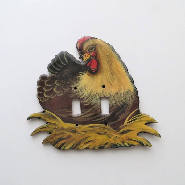 70s Rooster Switchplate Cover, Kitschy French Country Farm Decor, Kitchen Kids Room, Laminted Wood Lght Switch Cover