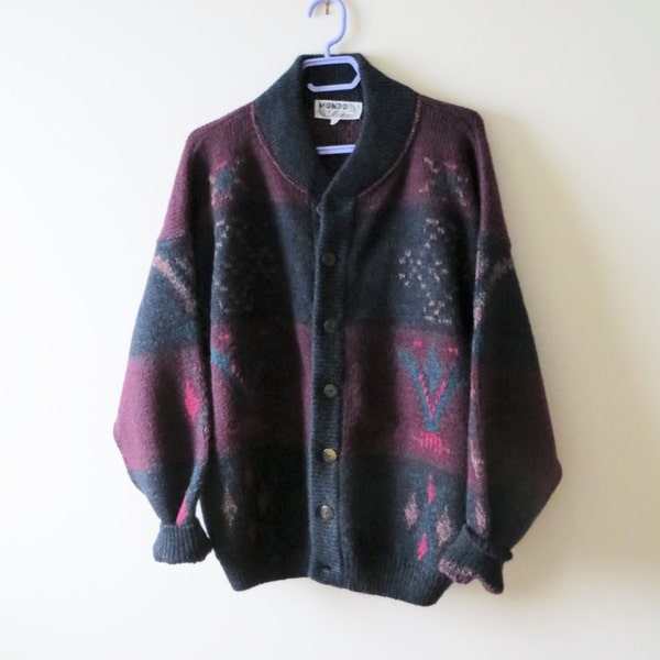 80s Mohair Cardigan, Mondo di Marco, Button Down Warm Wool Knit Sweater, Navy and Maroon, Unisex Men's Small Women's Large