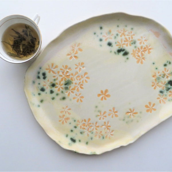 Vintage Japanese Tray, Embossed Free Form Ceramic Platter, Pastel Floral Decorative Serving Tray, 1970's Signed Yu