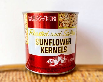 70s Sunflower Kernels Tin, Sunflower Seeds, Beaver Tin, Decorative Kitchen Tin