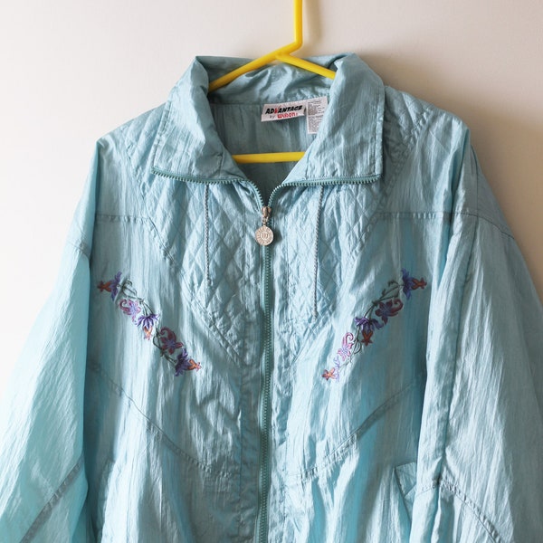 80s Wilson Windbreaker, Light Blue with Embroidered Flowers, Lined, Spring Rain Coat, Women's US Large 12-14