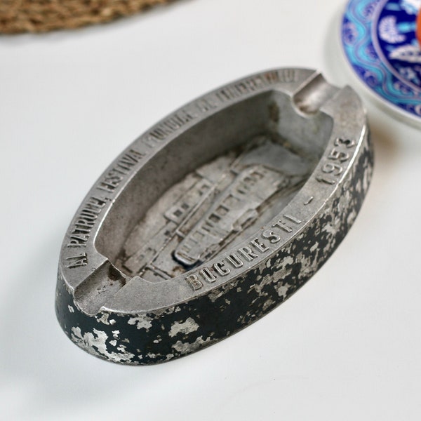 1953 Bucharest Ashtray, 4th Annual Festival of Youth Romania, Vintage Tobacco, Cast Metal Ashtray, Balkans Vintage, Industrial Decor